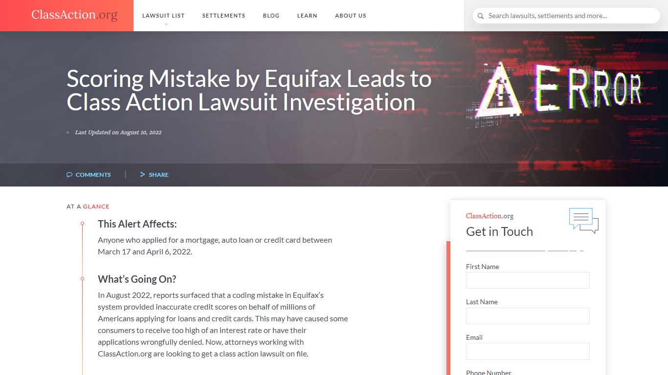 Equifax Mistake Lawsuit 2022 | Scoring Defect | ClassAction.org